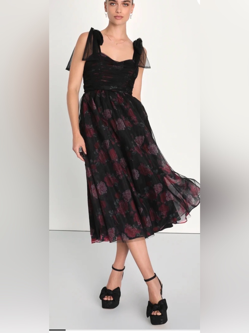 Lulu's Black Mesh Overlay Dress with Subtle Red Trim